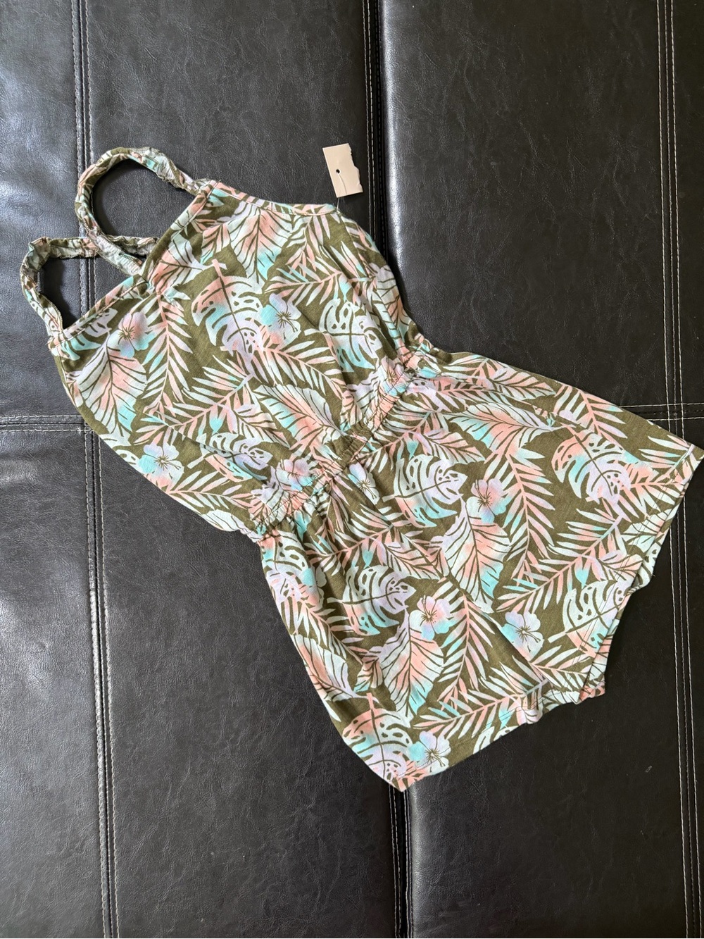 SO  - Olive Tropical Floral Girls Romper with Pastel Accents